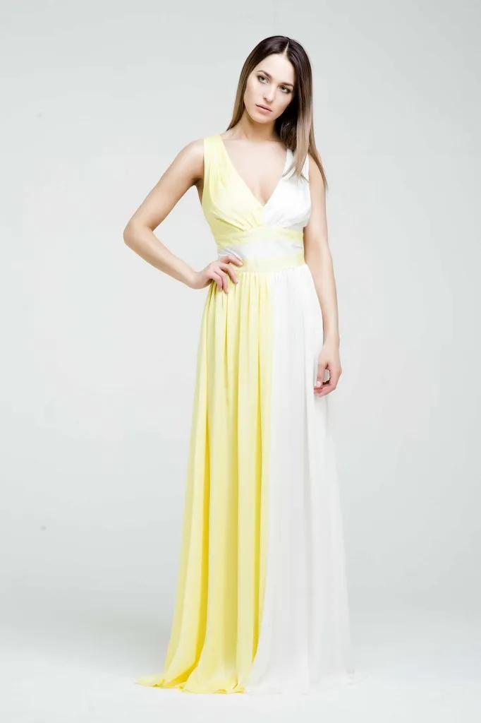 ---Two-tone cocktail dress made of white and yellow chiffon with V-neck for online outlet sale--