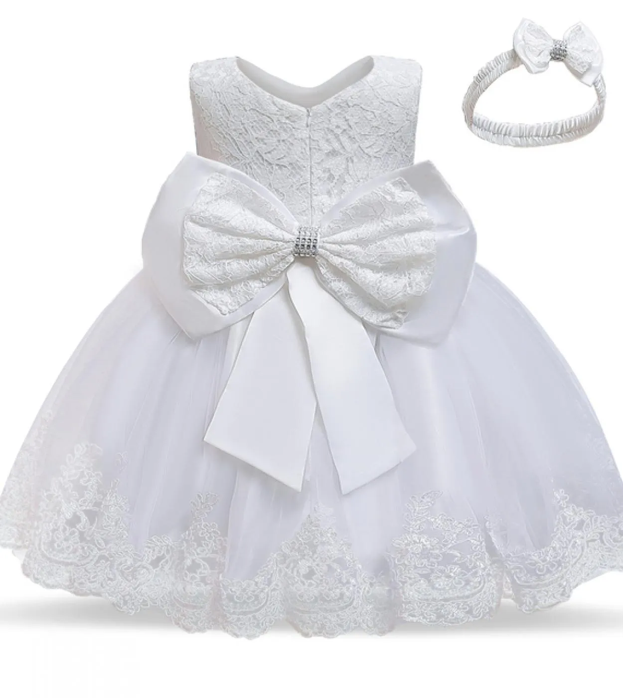 12 mesi Cute Baby Lace Floral Big Bow Princess Dress Infant 1st Birthday Party Ball Gown Newbron Kid White Battesimo Tutu