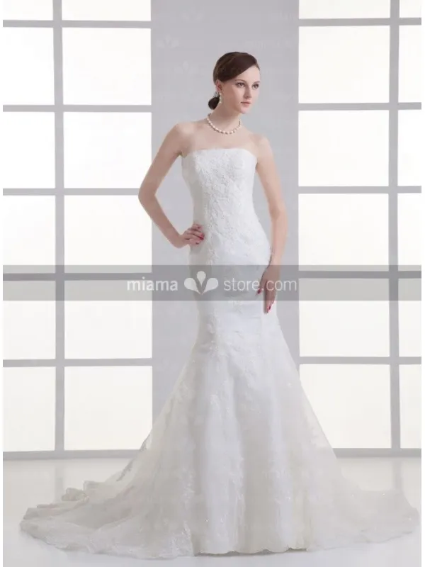 AUDREY - A-line Strapless Mermaid Chapel train Tulle Wedding dress