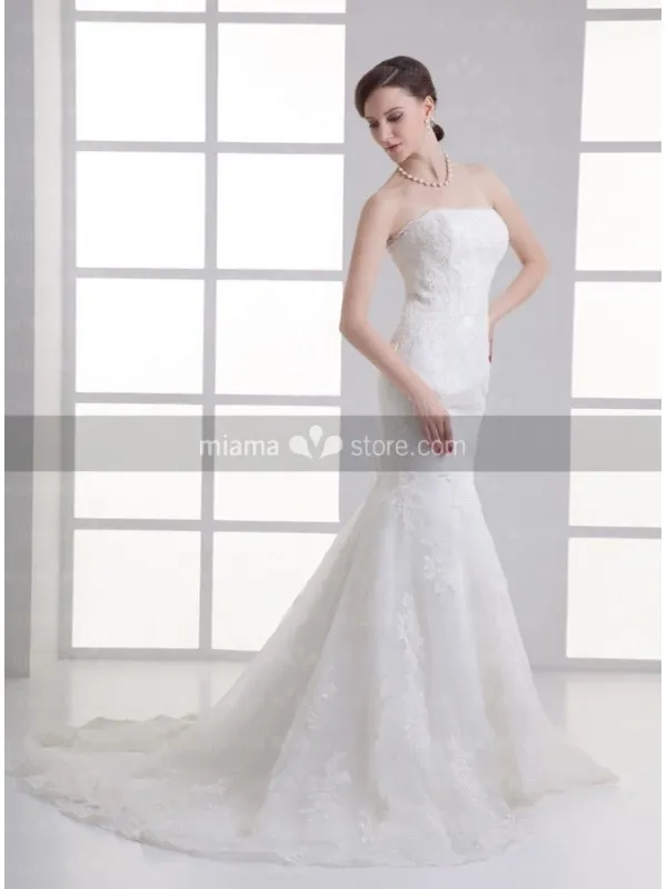 AUDREY - A-line Strapless Mermaid Chapel train Tulle Wedding dress