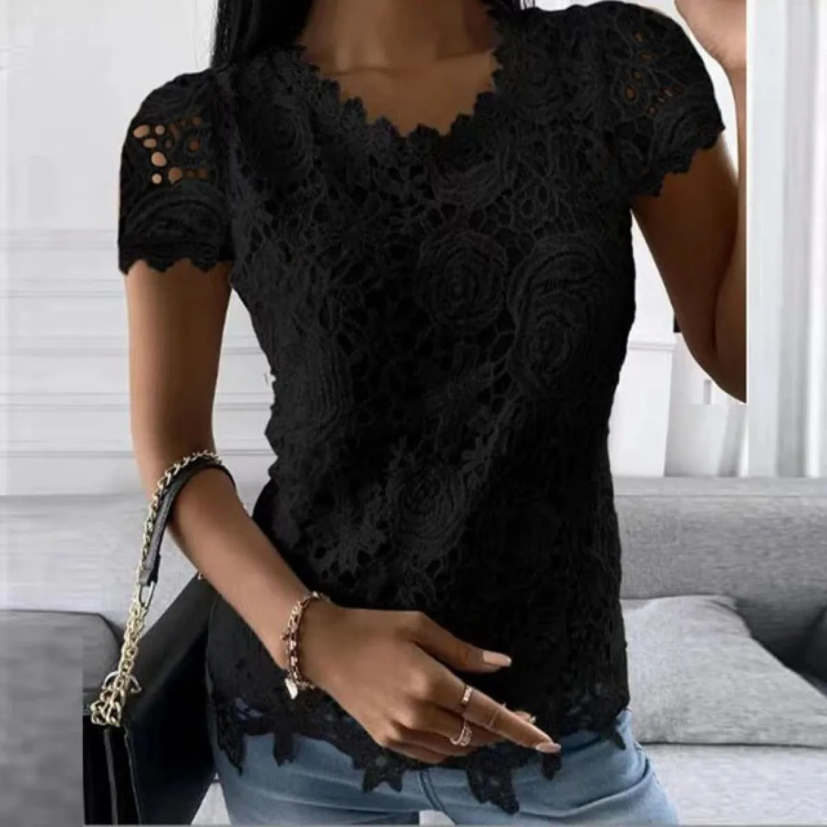 Ccwholesale Clothingcamicia in jersey tinta unita casual con canotta in pizzo estivo da donna