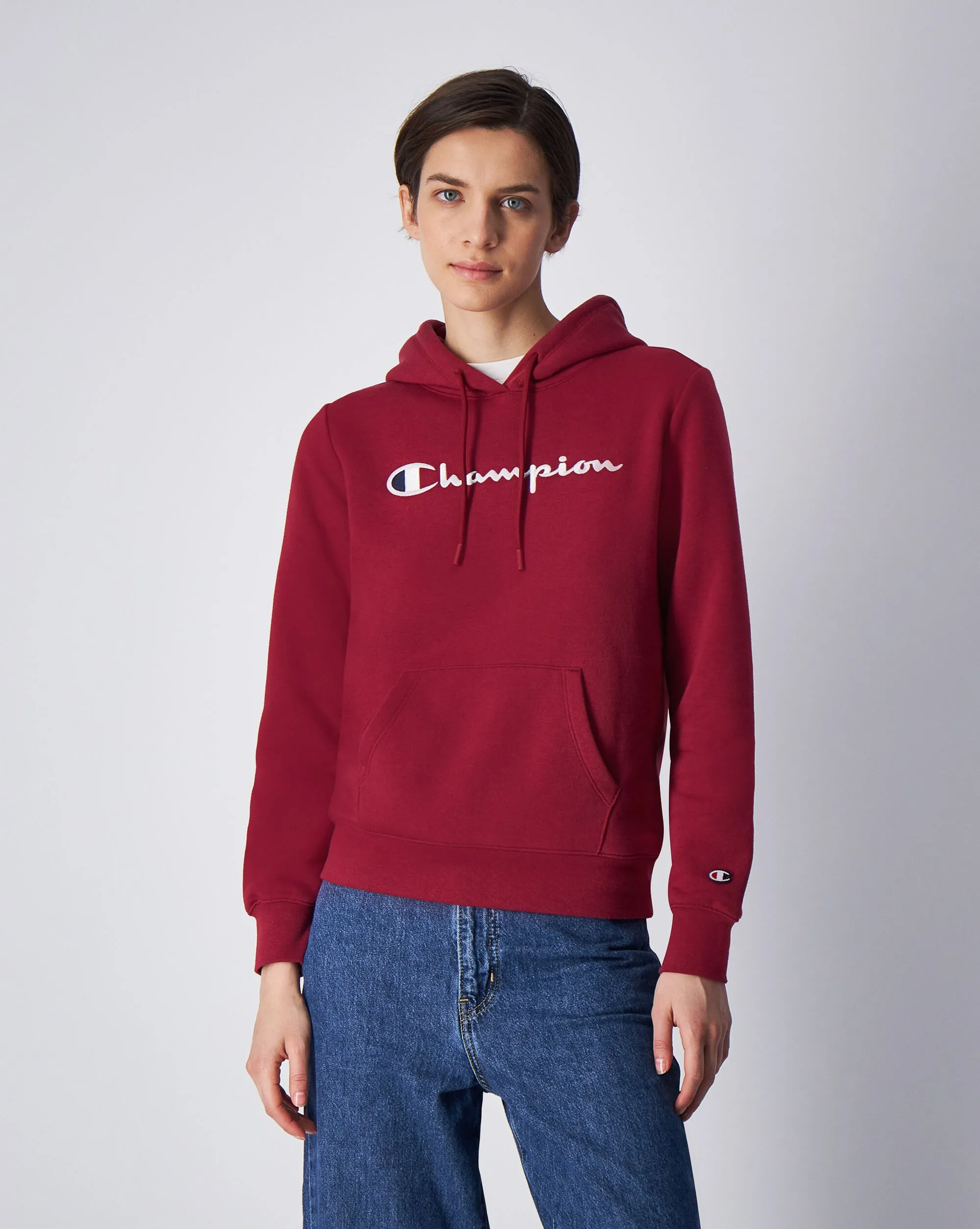 Champion Felpa Con Cappuccio in Fleece Misto Cotone Big Logo Rosso Donna