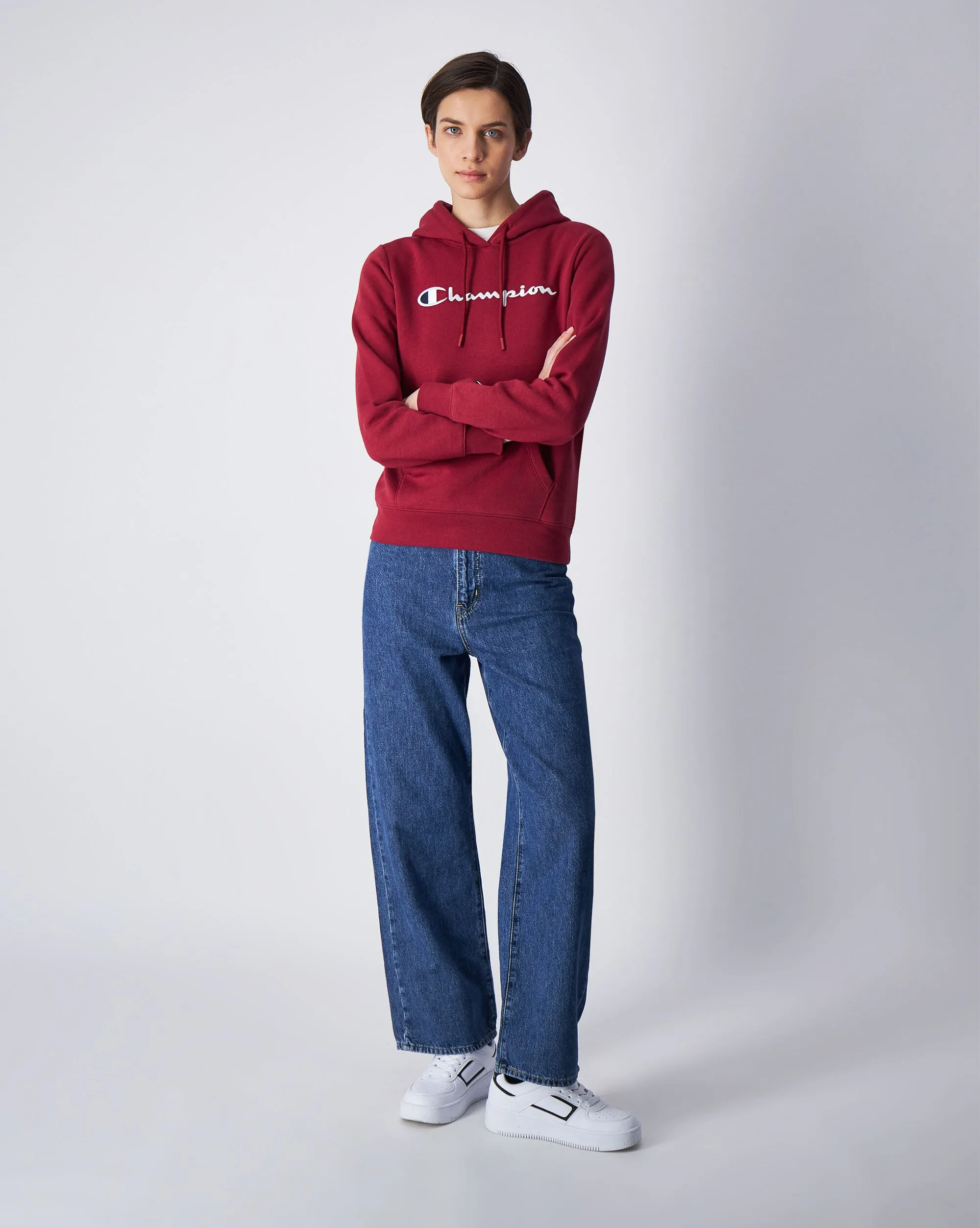 Champion Felpa Con Cappuccio in Fleece Misto Cotone Big Logo Rosso Donna