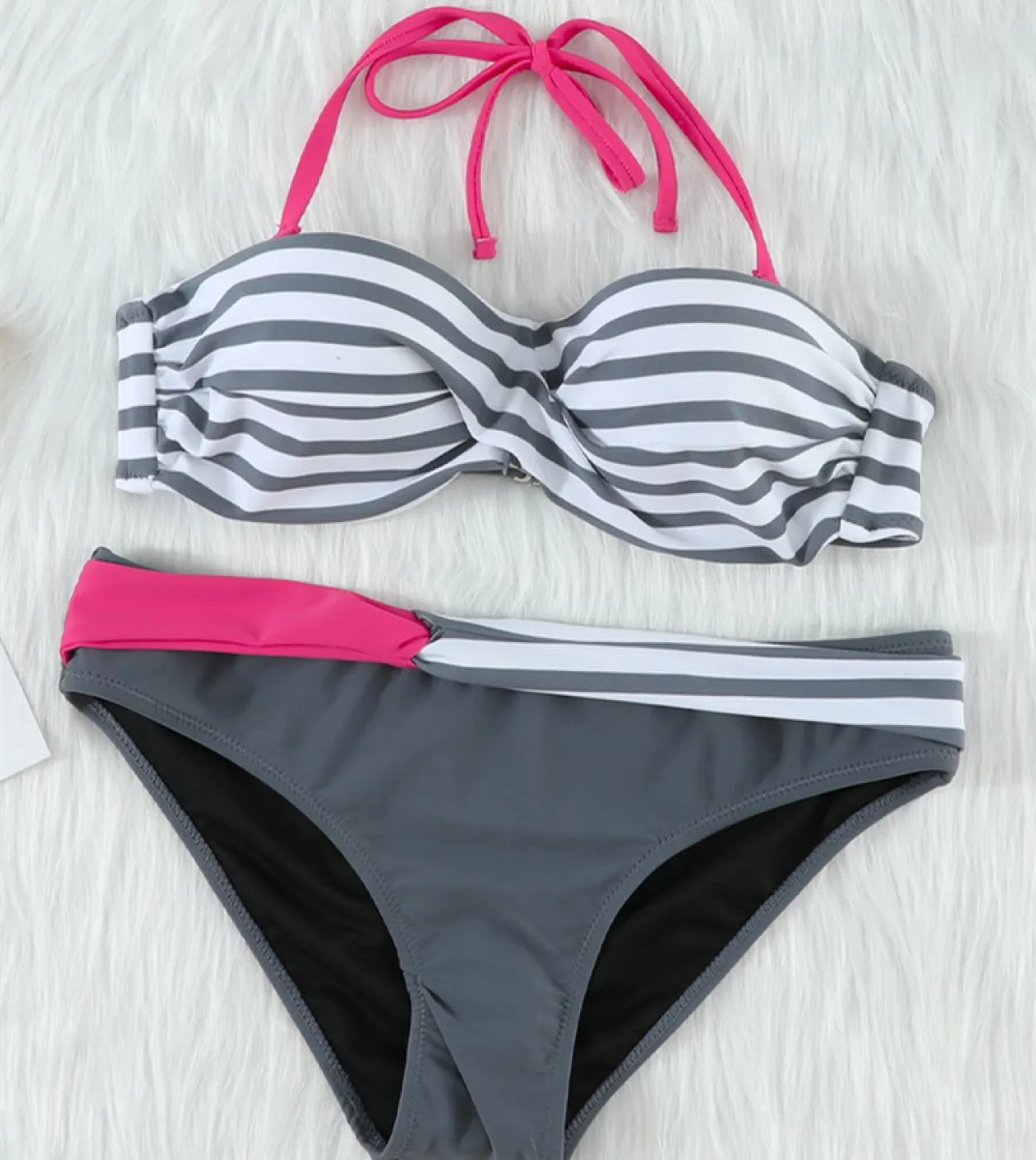 Costume da bagno bikini a vita bassa a righe grigie con scollo allamericana per donna Costume da bagno intrecciato a due pezzi