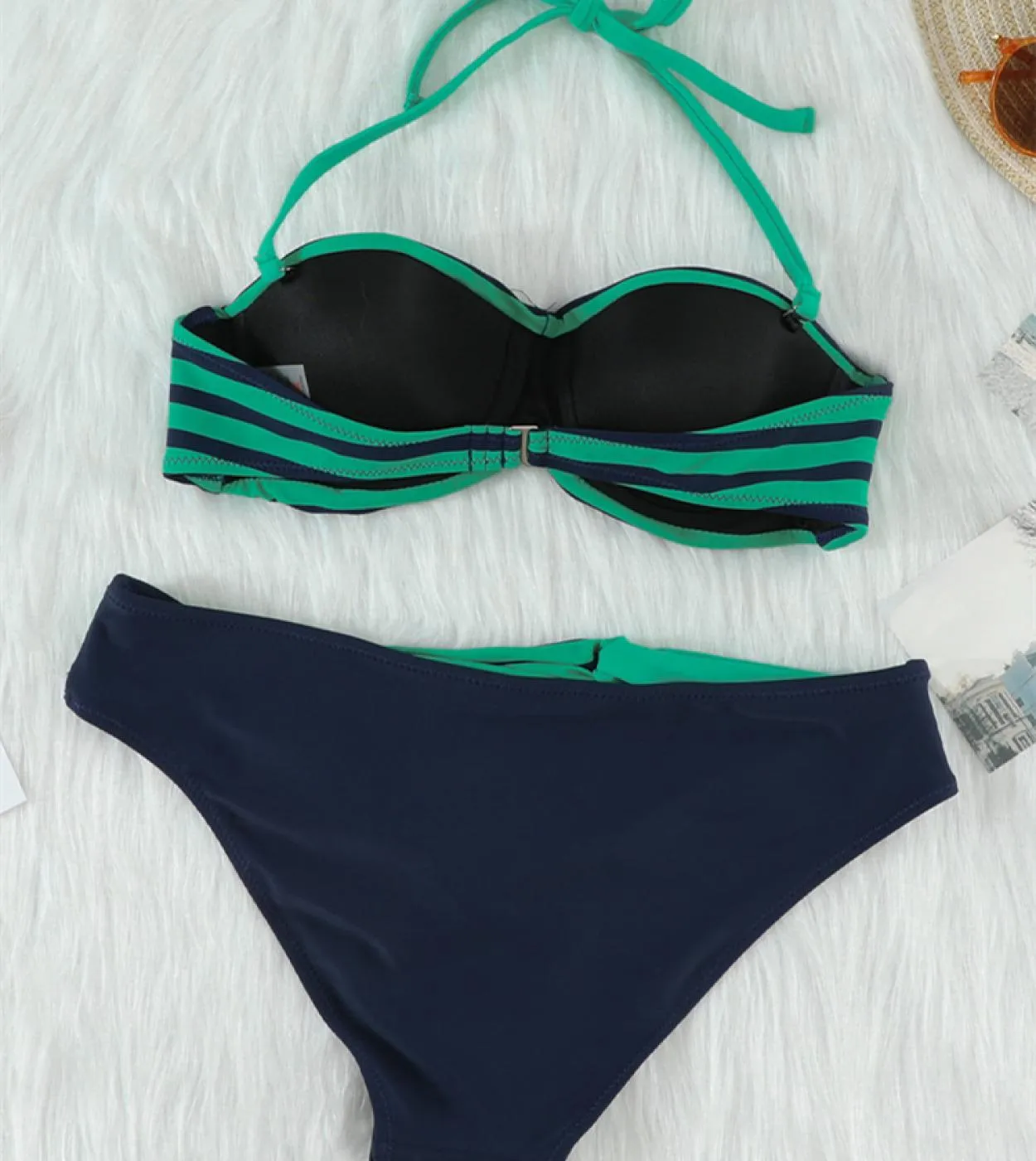 Costume da bagno bikini a vita bassa a righe grigie con scollo allamericana per donna Costume da bagno intrecciato a due pezzi