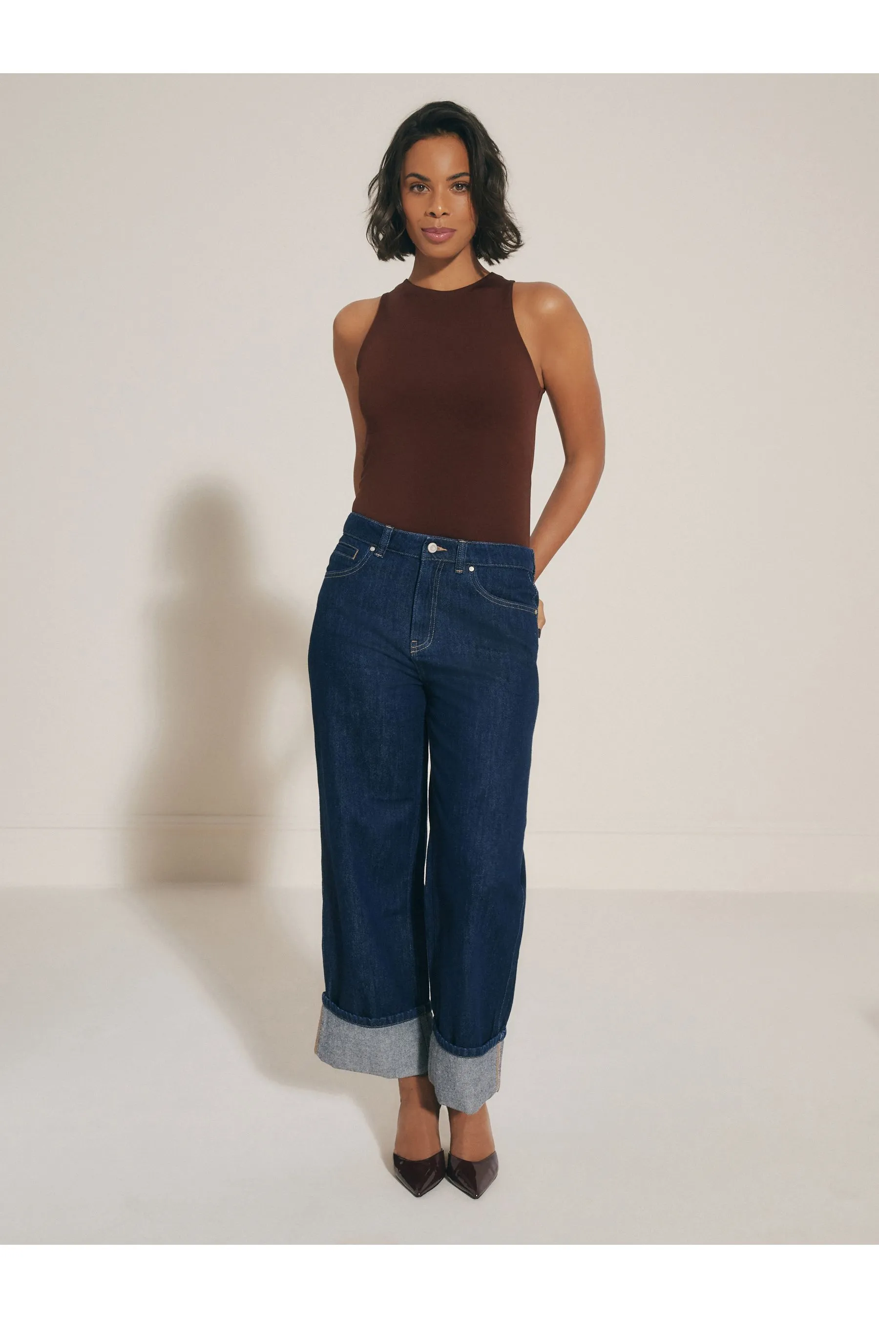 Cropped Turn Up Wide Leg 100% Cotton Jeans    