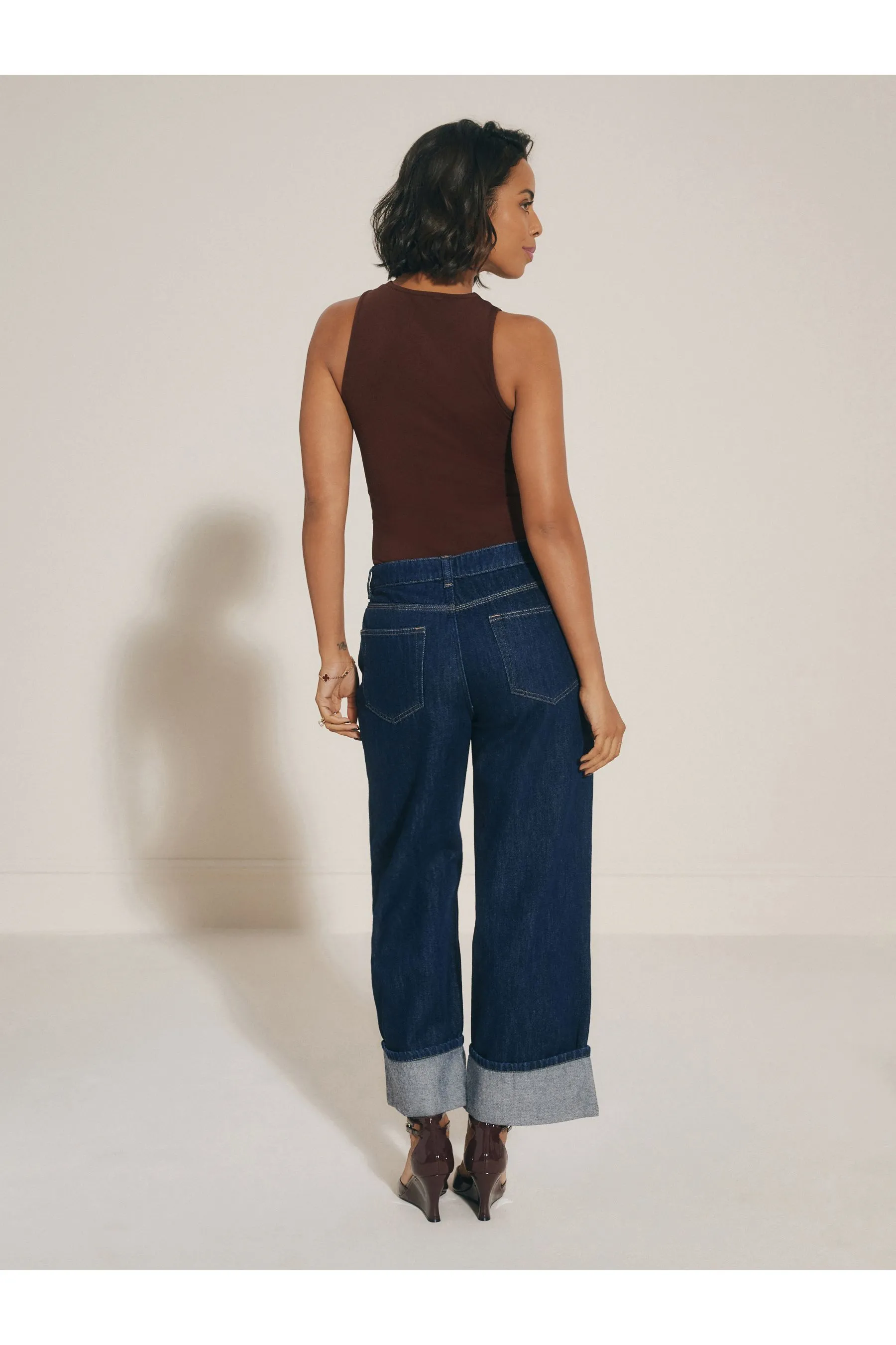 Cropped Turn Up Wide Leg 100% Cotton Jeans    