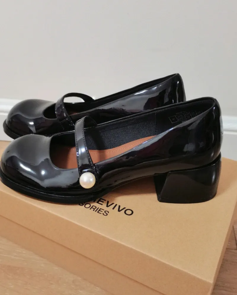 French Retro Mary Jane Shoes, Pearl Round Toe Leather Shoes, One-piece Strap Thick Heels, High Heels