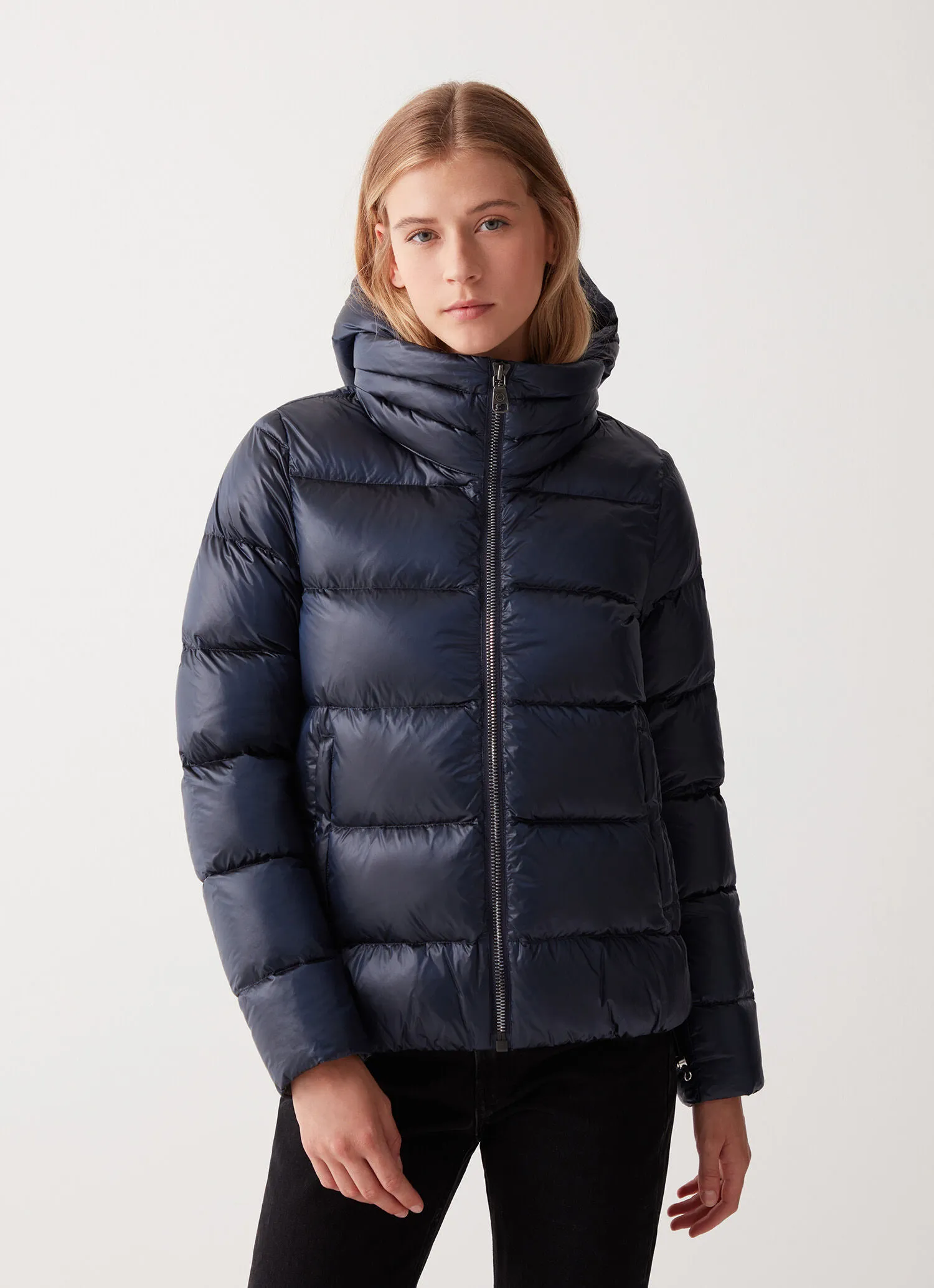 Iridescent down jacket with hood and maxi collar