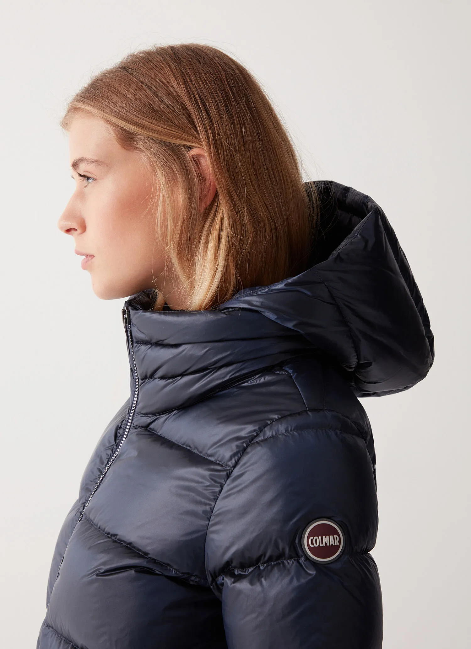 Iridescent down jacket with hood and maxi collar