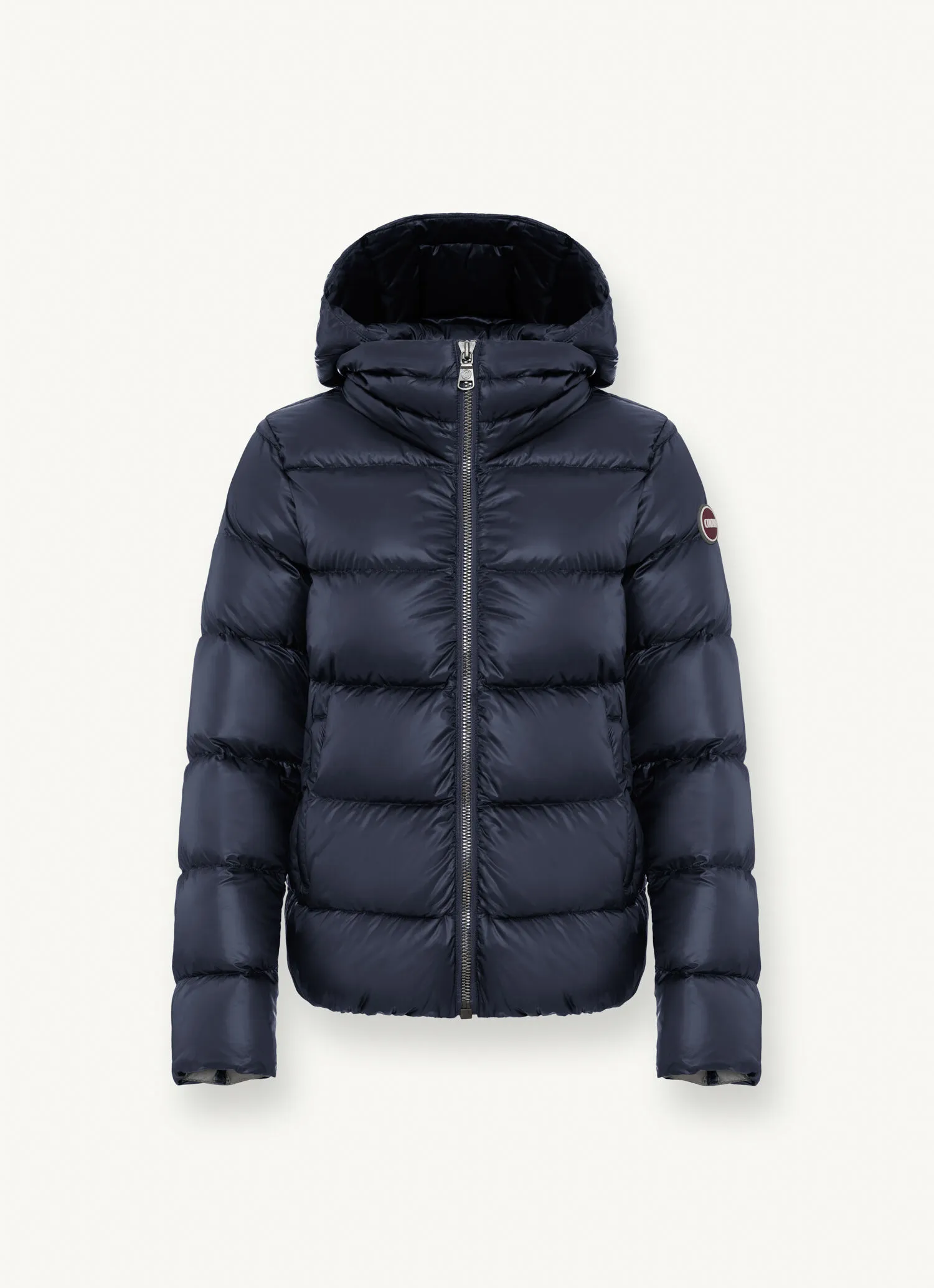 Iridescent down jacket with hood and maxi collar