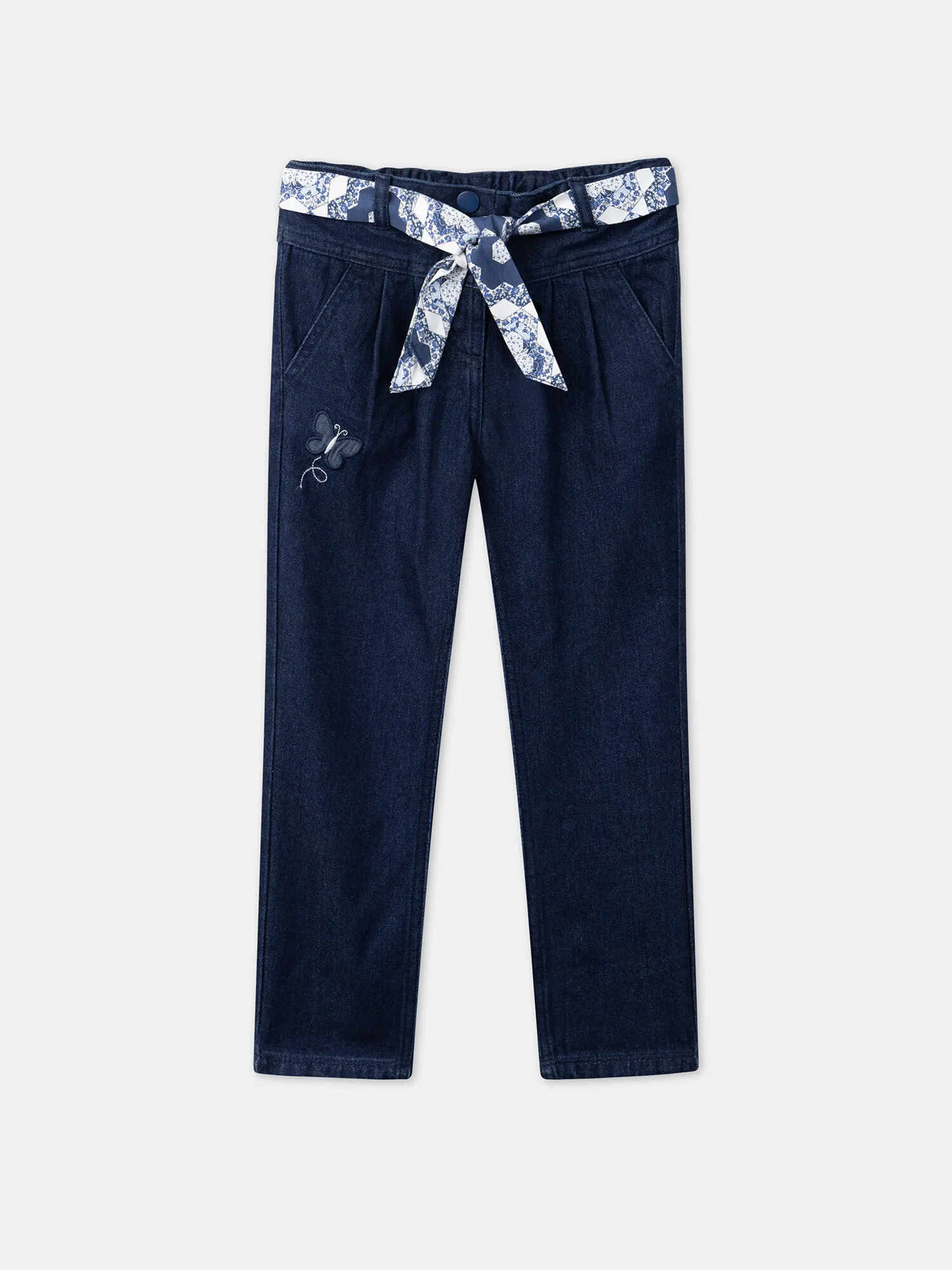 Jeans carrot blu con cintura con stampa a fiori    