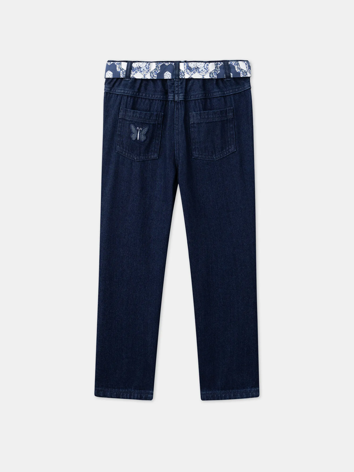 Jeans carrot blu con cintura con stampa a fiori    