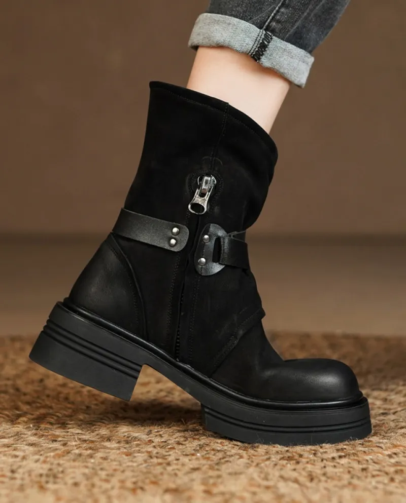 New Winter Thick-soled Retro Belt Buckle Martin Boots For Women With Thick Heels, Platform Soles, Round Toes, Color-brus