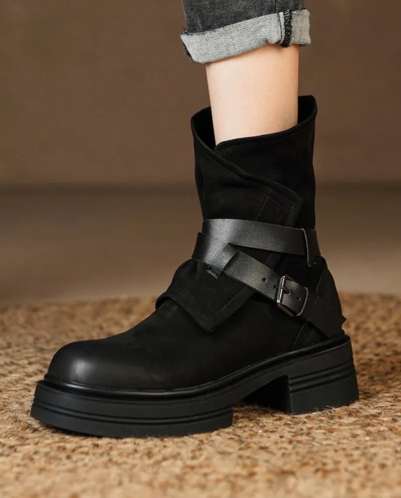 New Winter Thick-soled Retro Belt Buckle Martin Boots For Women With Thick Heels, Platform Soles, Round Toes, Color-brus