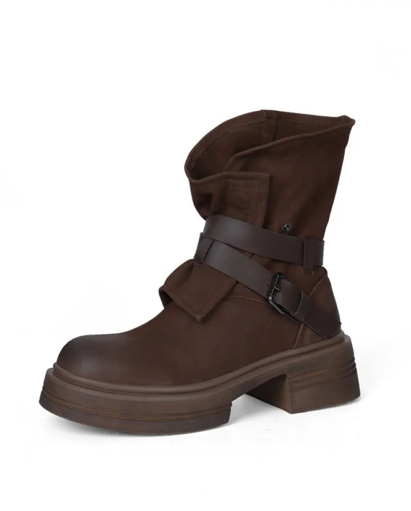 New Winter Thick-soled Retro Belt Buckle Martin Boots For Women With Thick Heels, Platform Soles, Round Toes, Color-brus