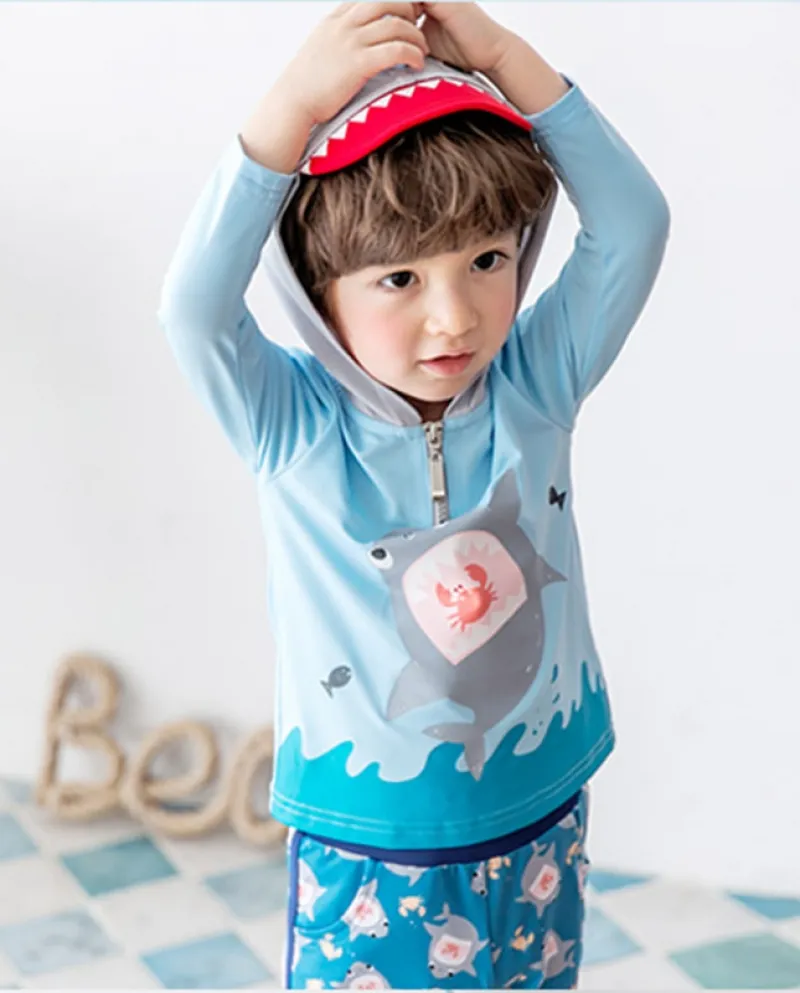 Nuovo costume da bagno per bambini con protezione solare a maniche lunghe con cappuccio e meduse