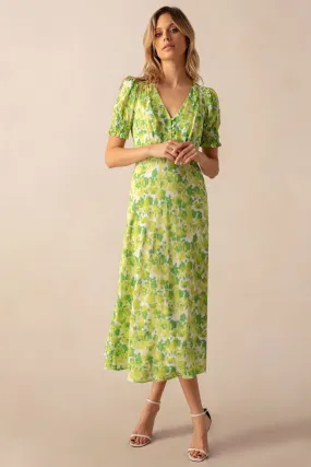 Ro&Zo Green - Botanical Floral Print Shirred Cuff Mdii Dress