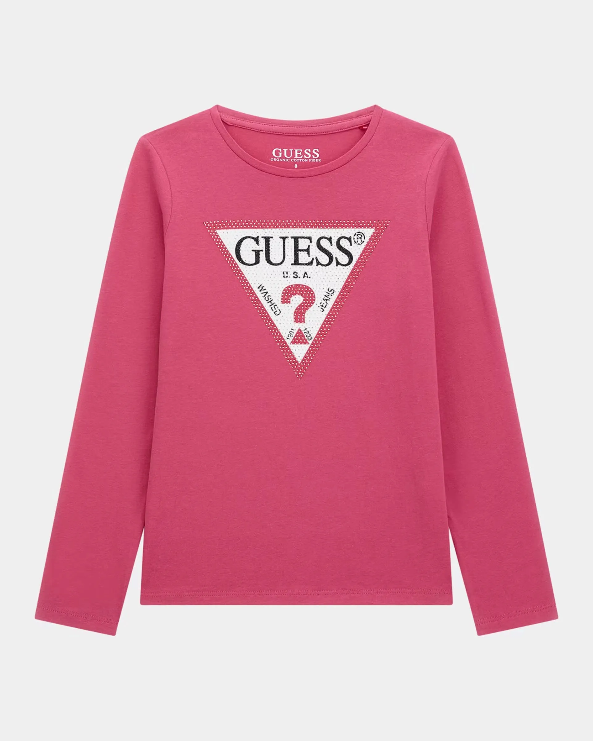 T-shirt fucsia in cotone stretch a manica lunga con logo triangolo e strass 8-14 anni