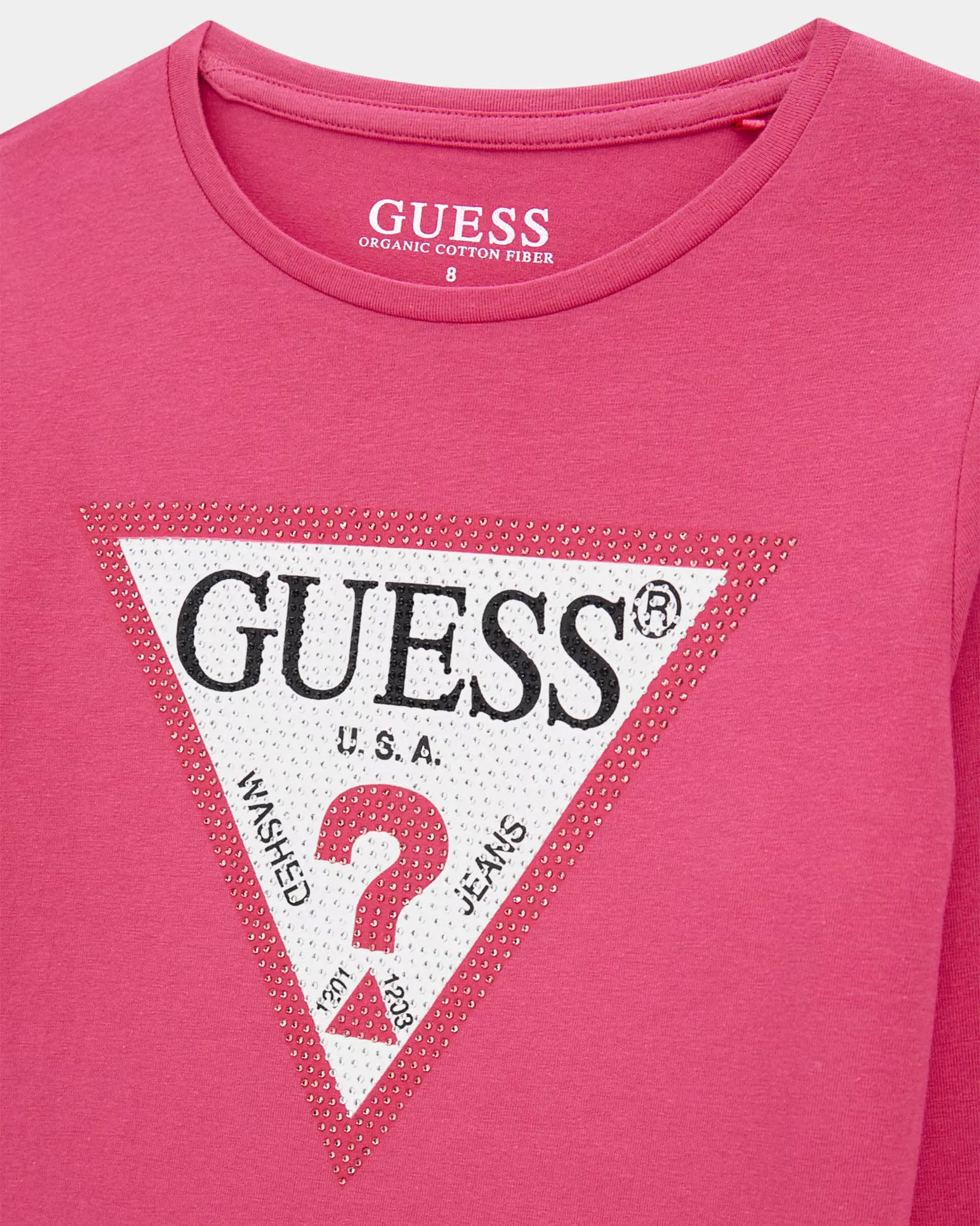 T-shirt fucsia in cotone stretch a manica lunga con logo triangolo e strass 8-14 anni