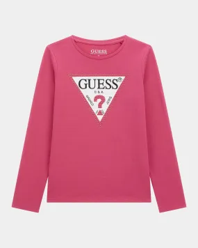 T-shirt fucsia in cotone stretch a manica lunga con logo triangolo e strass 8-14 anni