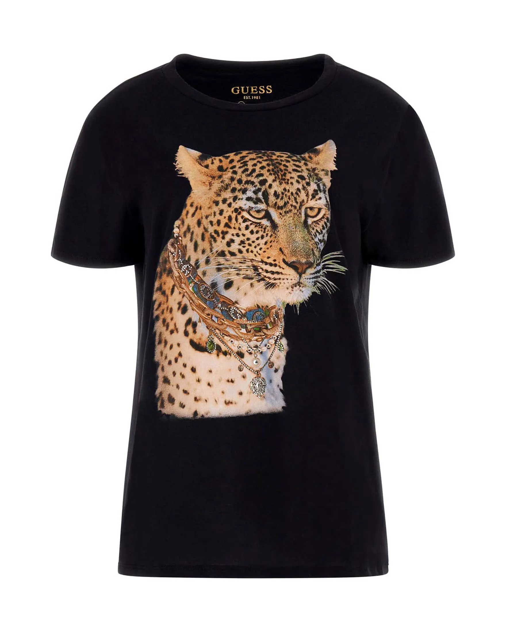 T-shirt nera regular in cotone con maxi stampa leopardo frontale