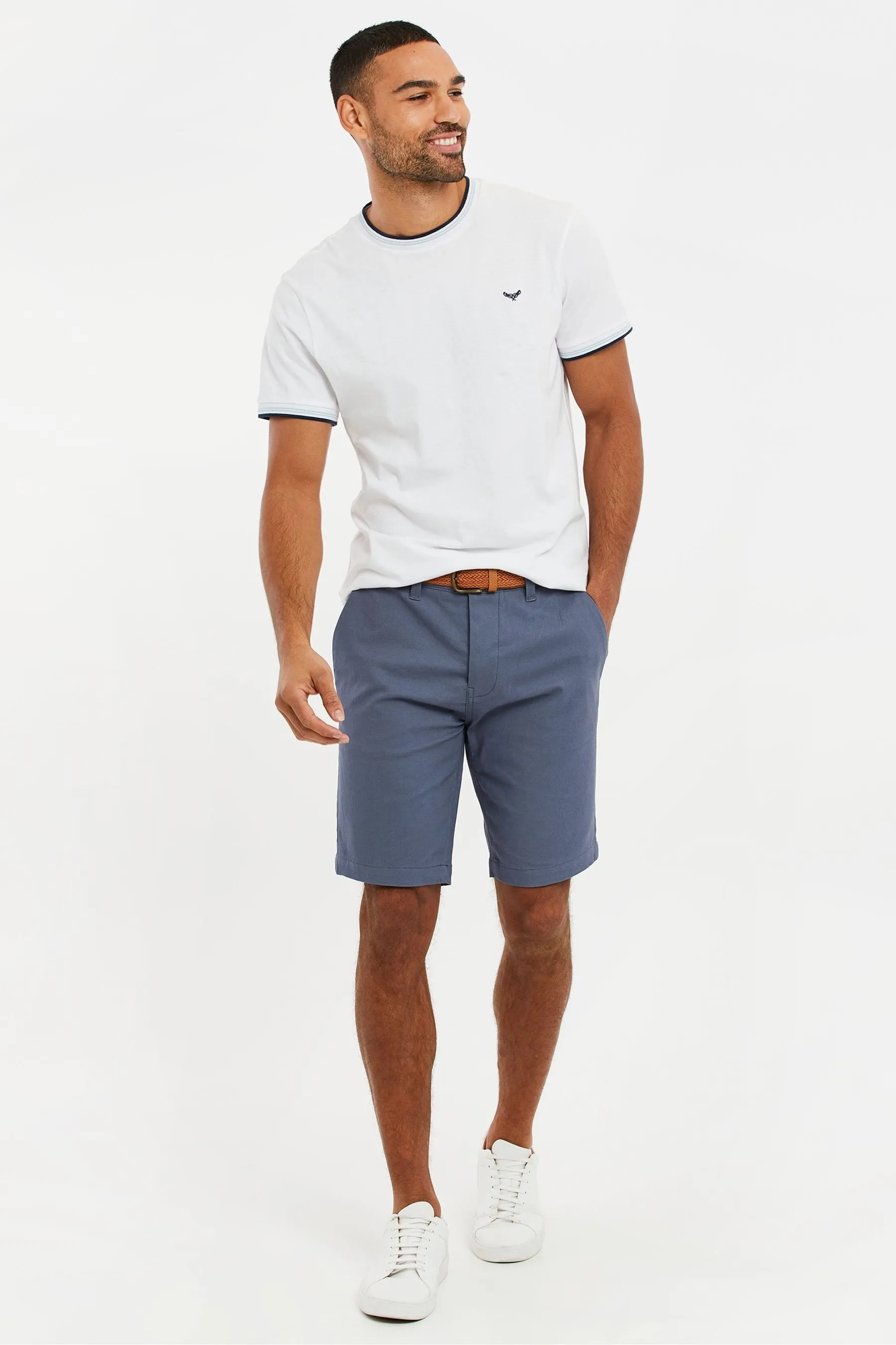 Threadbare - Shorts chino in cotone elasticizzato con risvolti e cintura intrecciata