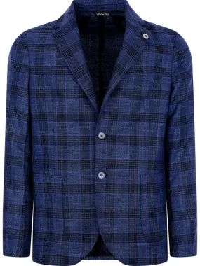 Unlined Blue Checked Jacket Single-Breasted Two Buttons