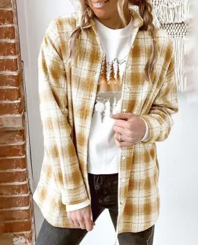 Women Casual Plaid Shirt Long Sleeve Woolen Single Breasted Jacket Fitted Wool Coat